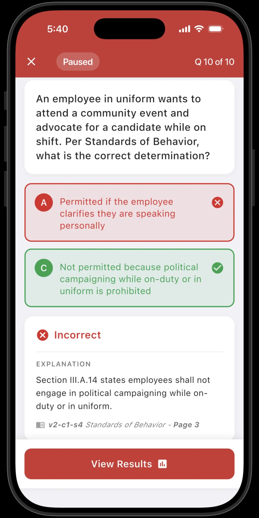 Practice quiz interface in the LACoFD Promotional app