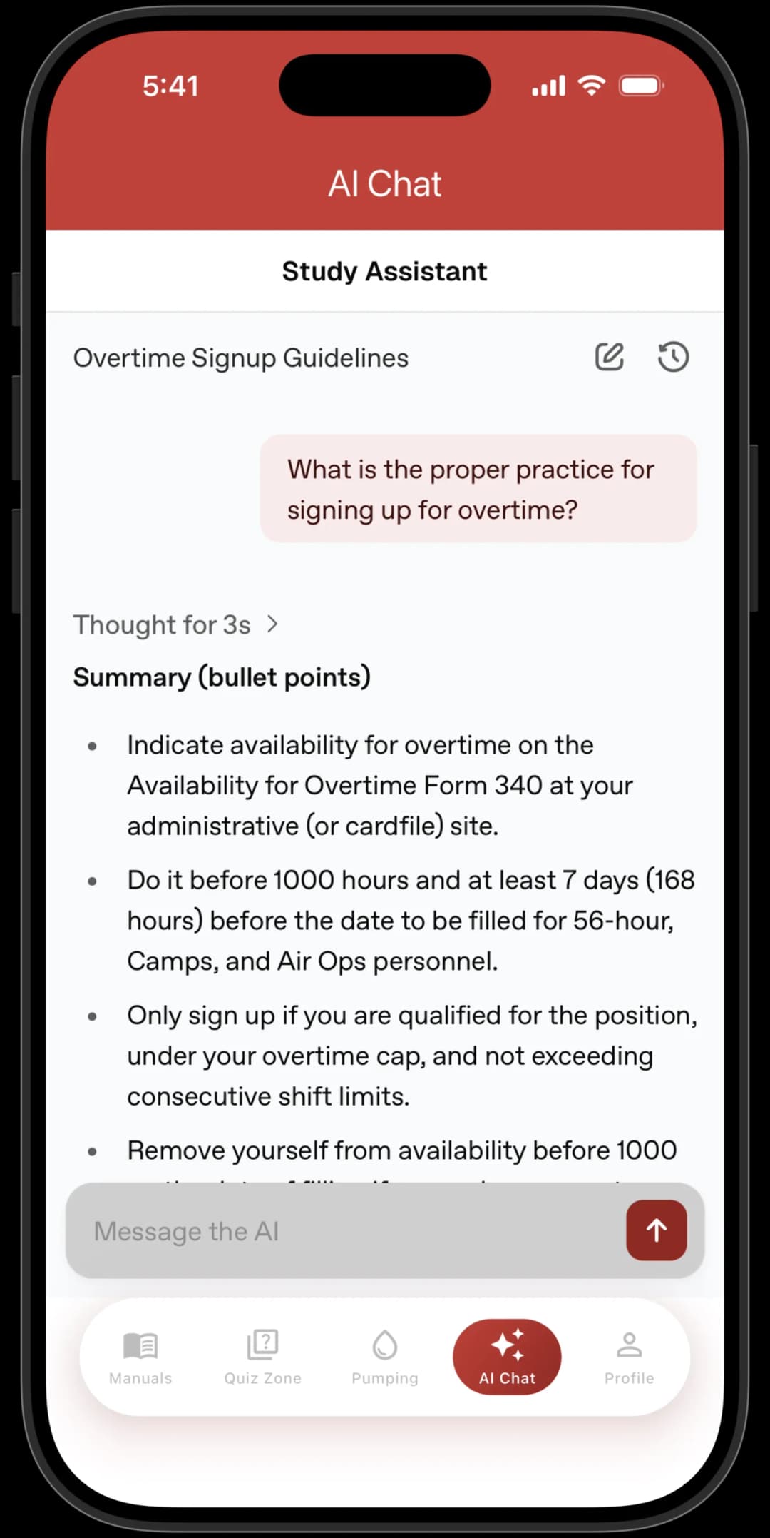 AI study assistant chat in the LACoFD Promotional app